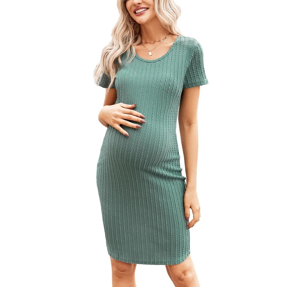 Ekouaer Rib Knit Short Sleeve Bodycon Stretchy Maternity Dress - Lt Green - M
